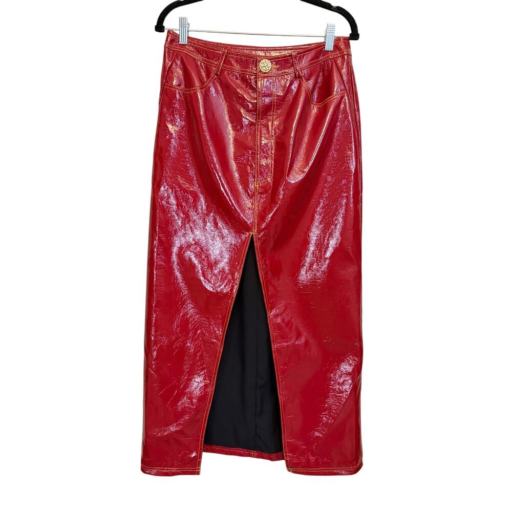 Missguided Faux Leather Skirt L Red Maxi Front Slit Rockabilly Mob Wife Club NWT